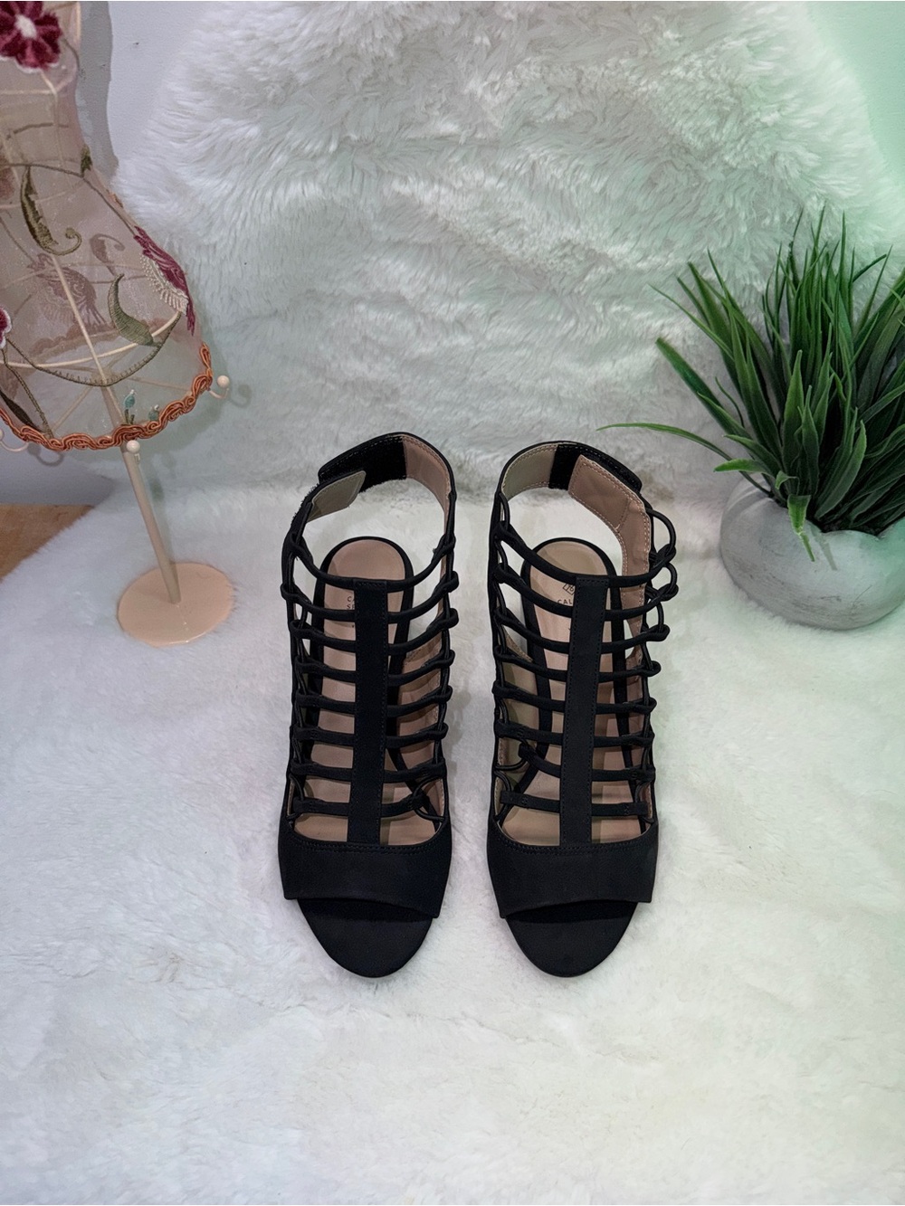6.5 Vegan Call It Spring Black Cage Strappy Chunky High Heel Sandals for Women 🔥